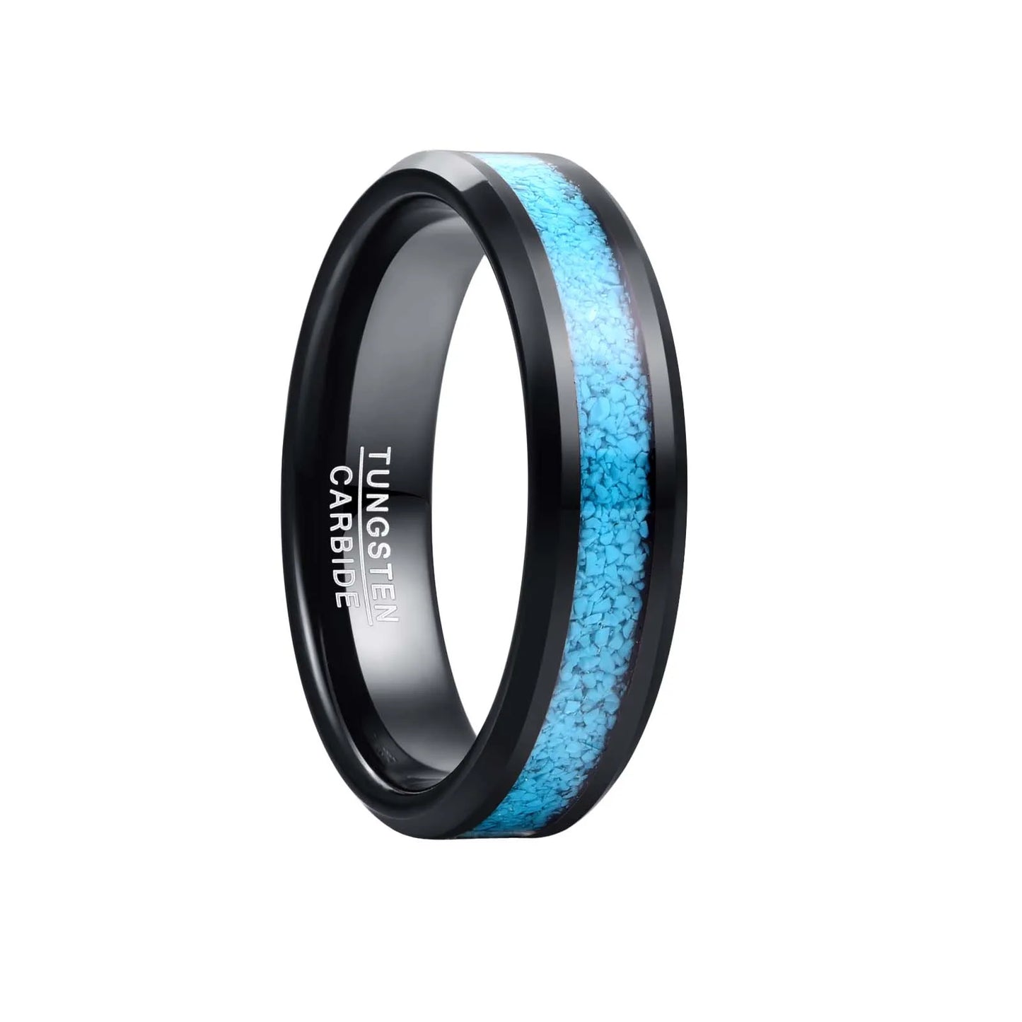 Turquoise mens rings featuring a black band with crushed Turquoise.