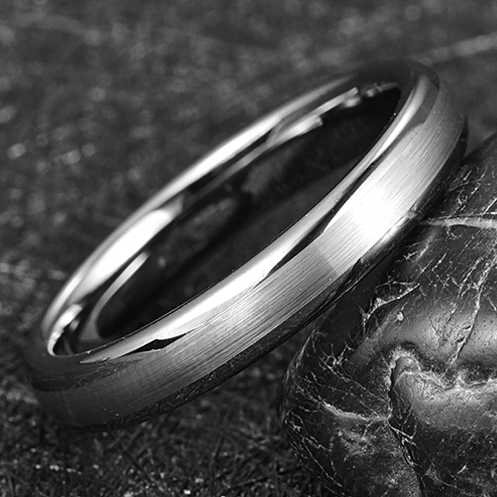 Unisex silver Tungsten narrow wedding band with brushed center and smooth polished edges, 4mm width, comfort fit.