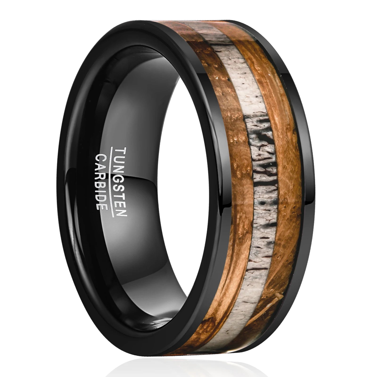 8mm black Tungsten band with a whiskey barrel wood and deer antler inlay, designed for those who love unique, nature-themed rings.