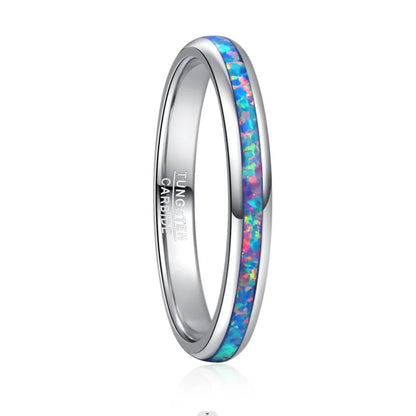 Women's 3mm Tungsten opal wedding band with vibrant opal inlay.