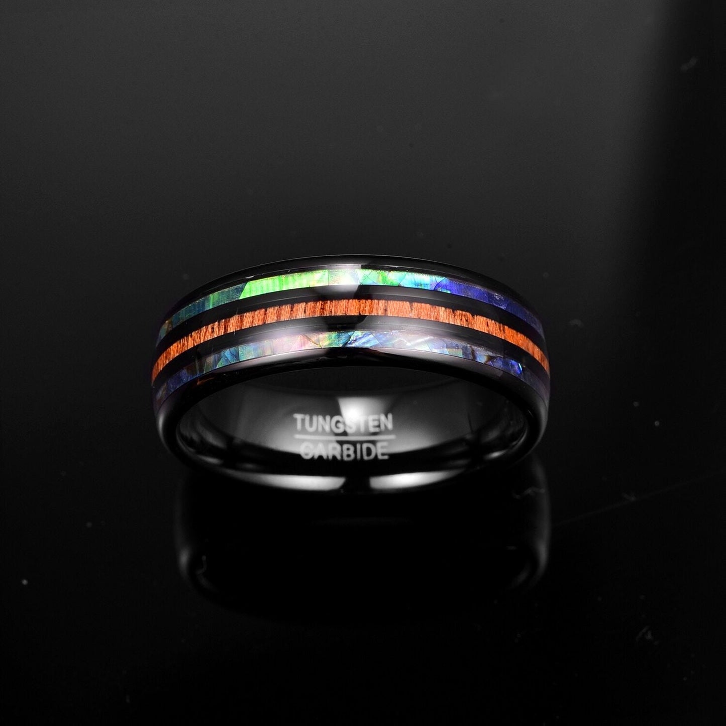 Abalone shell wedding band with koa wood inlay in an 8mm black Tungsten band.