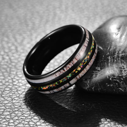 Antler wedding rings, made from black Tungsten with opal and deer antler inlay.