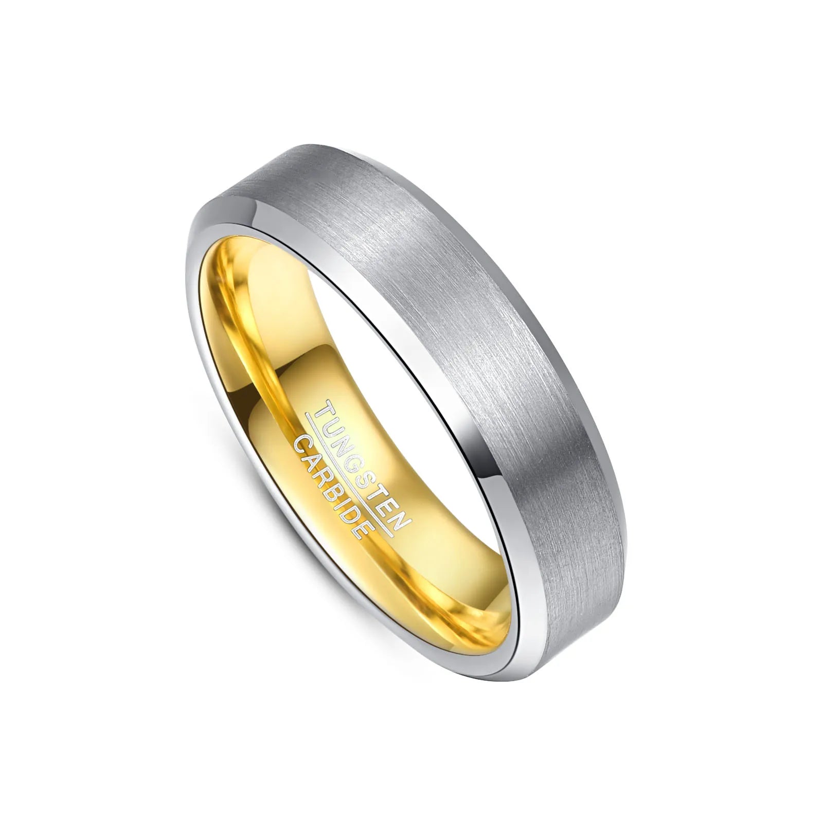 Men's ring with brushed silver tungsten exterior, yellow gold interior, and beveled edges.