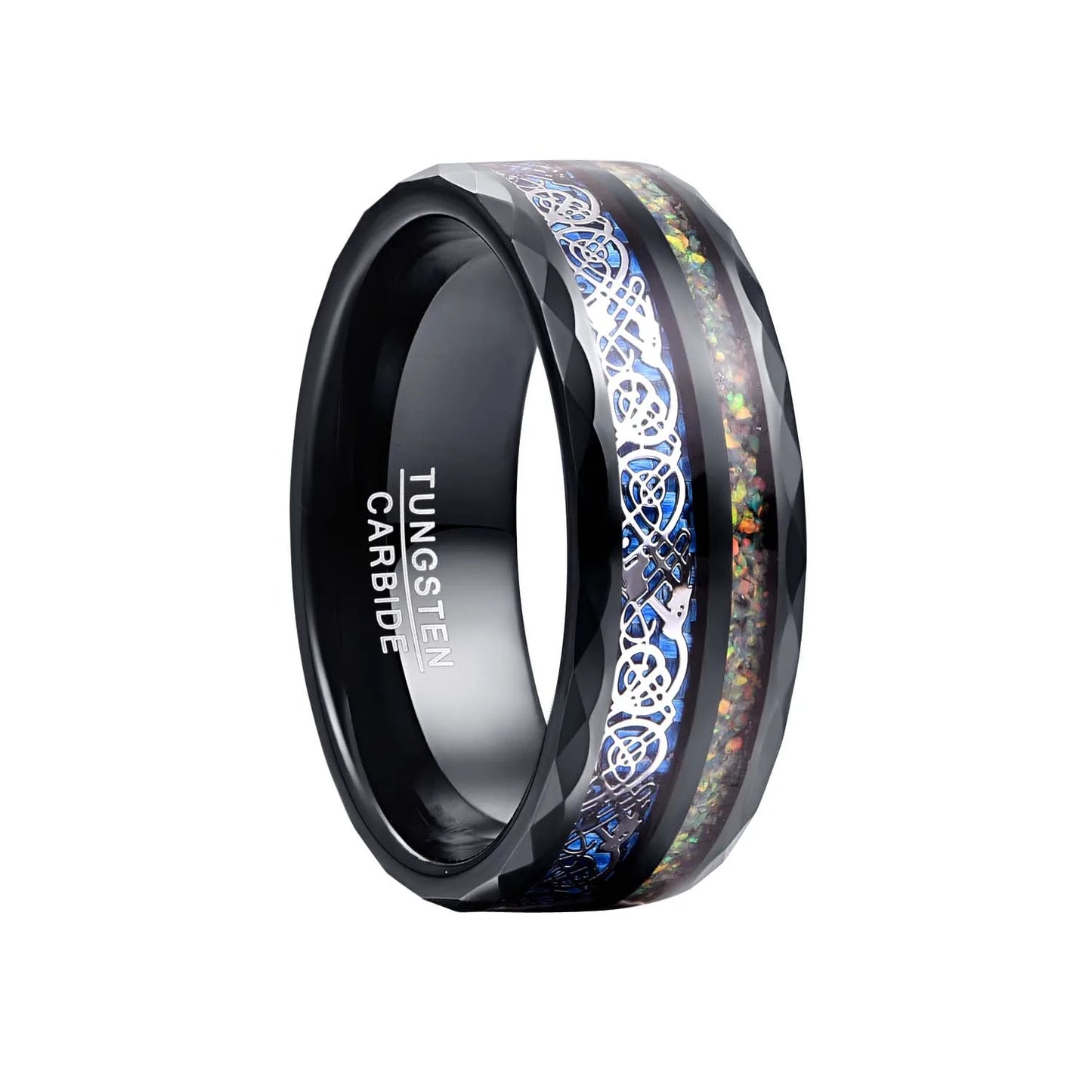 8mm black Tungsten men's ring with crushed opal and intricate Celtic dragon design