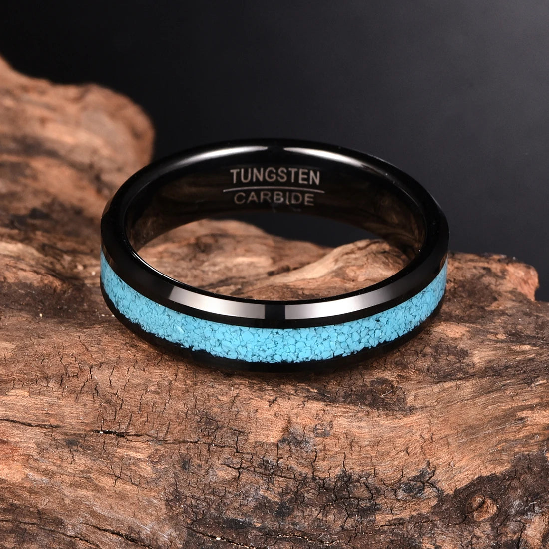 Black Turquoise ring with 6mm width and inlaid natural Turquoise.