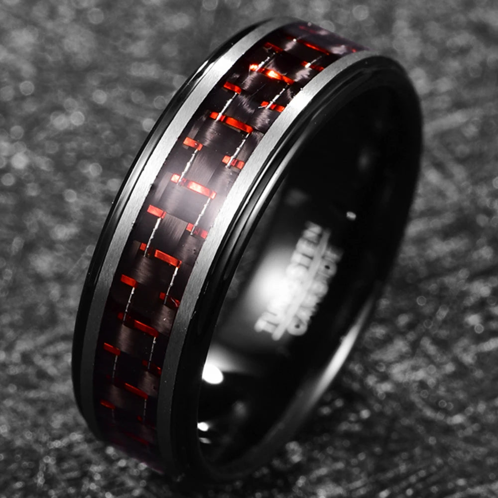 Black and red wedding band made from Tungsten with a carbon fiber inlay.