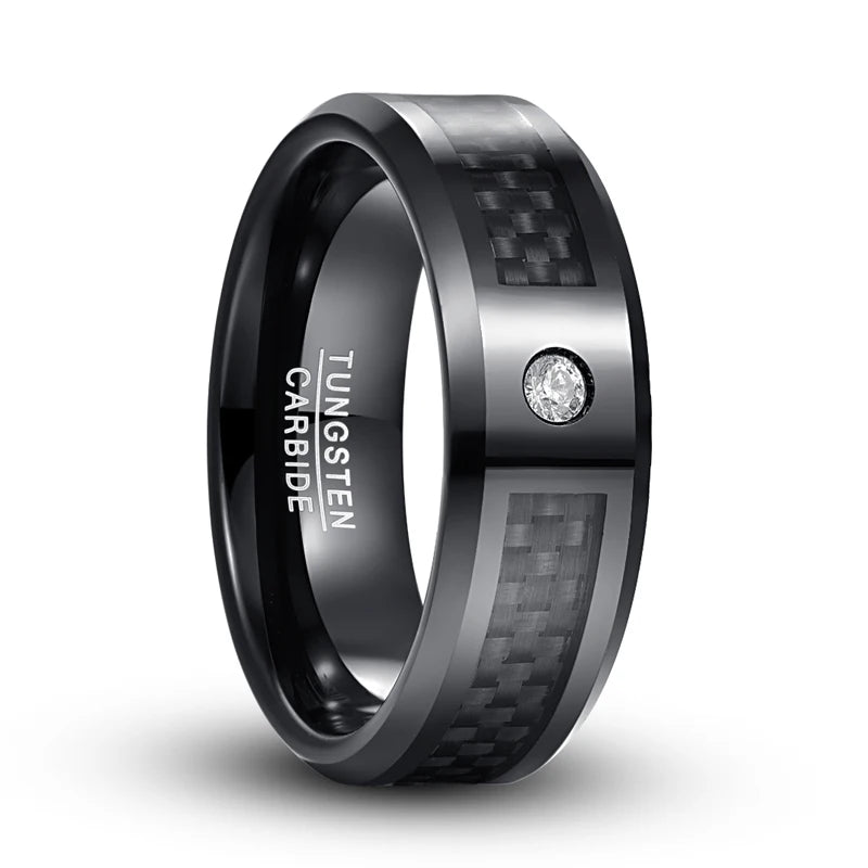 Black carbon fiber Tungsten ring with clear cubic zirconia stone, beveled edges, and comfort fit.