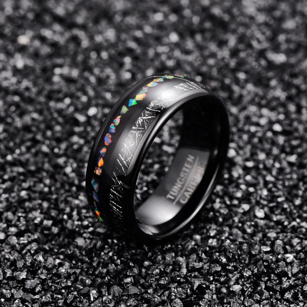 Black opal rings for men featuring a stunning meteorite and black opal inlay.