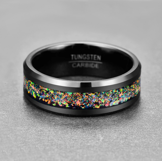 8mm black Tungsten comfort fit wedding ring with crushed opal inlay and beveled edges ​​