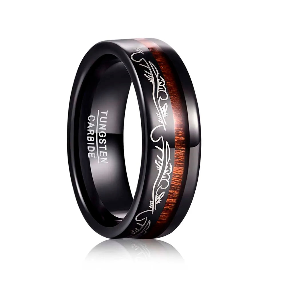 Black Tungsten ring with filigree feather detailing and offset acacia wood inlay, side view