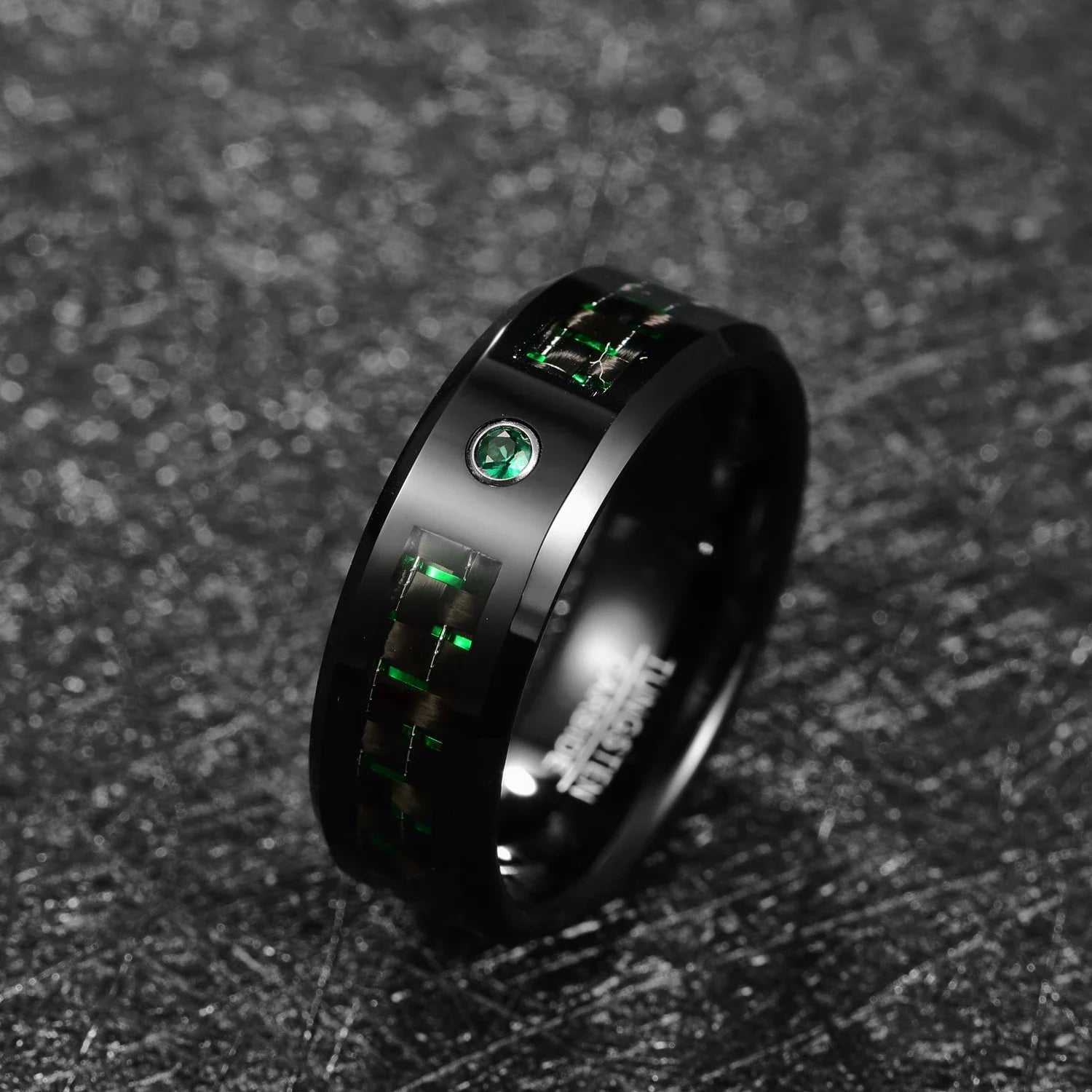 Black Tungsten men’s ring with green carbon fiber inlay and cubic zirconia, dark background (8mm)