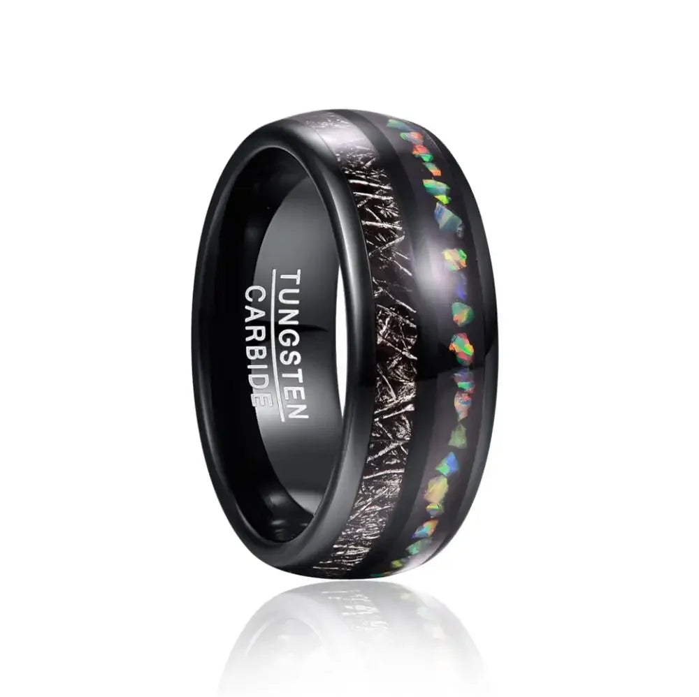 Black Tungsten meteorite opal ring with a domed band, comfort fit design, and unique inlays.