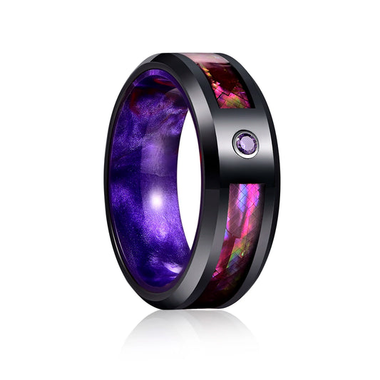 Showcase of black Tungsten ring with iridescent rainbow abalone inlay, flush-set purple cubic zirconia, and galaxy resin interior, 8mm width