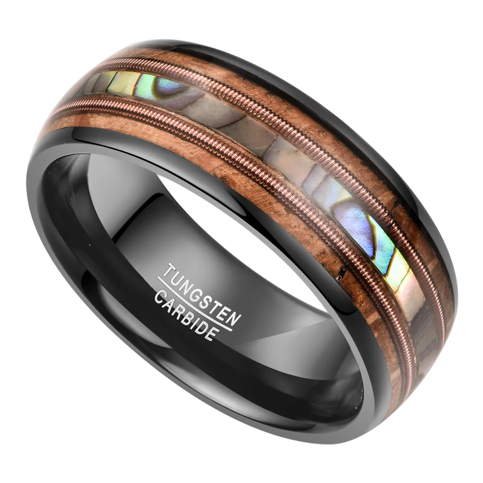 8mm black tungsten men’s ring with a domed band, featuring an inlay of abalone shell, acacia wood, and rose gold guitar strings for a unique, artistic look.