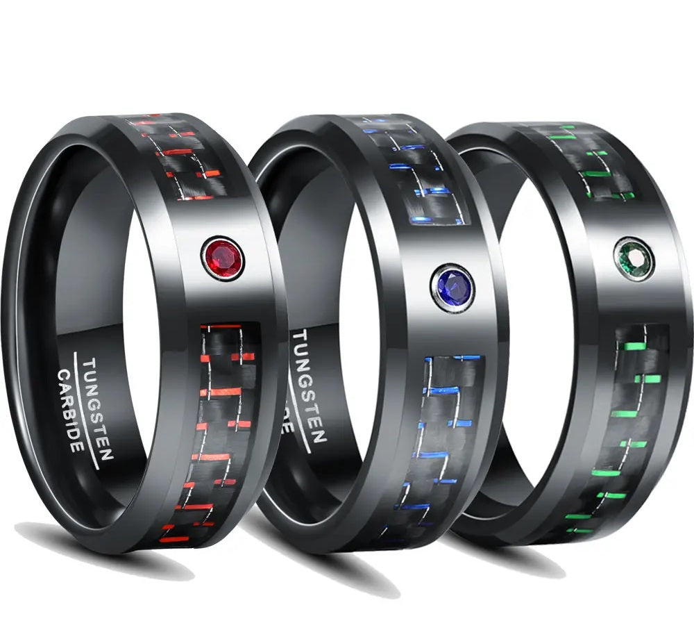 Black Tungsten ring with carbon fiber inlay featuring red, green, and blue cubic zirconia gemstones.