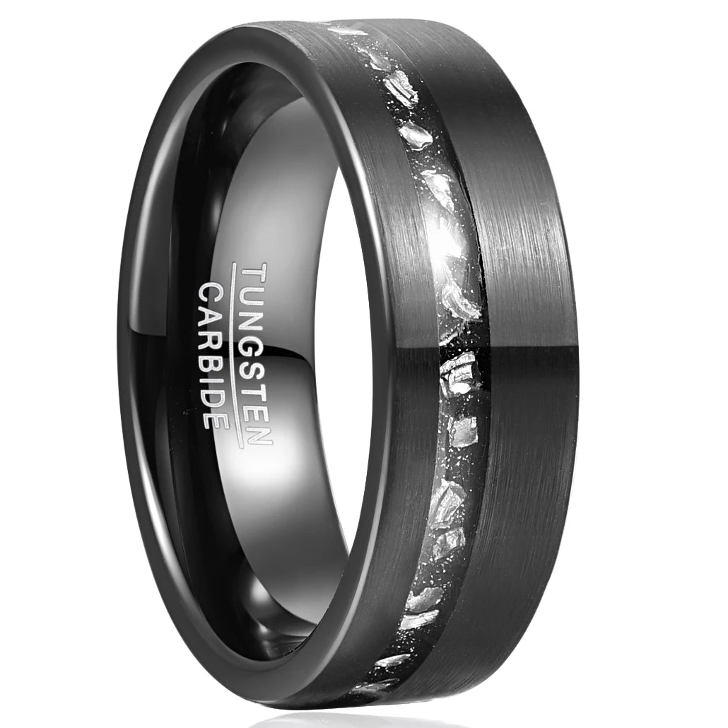 Close-up of black Tungsten ring with meteorite and black sandstone inlay, flat edge design