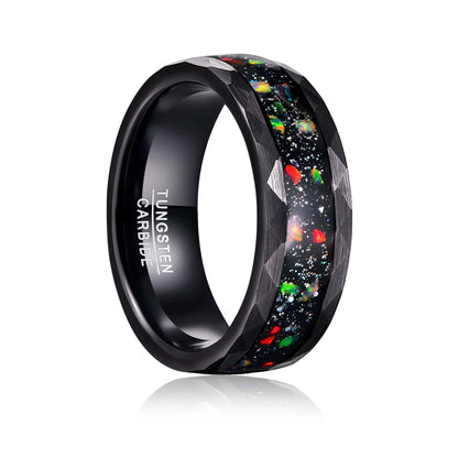 Black Tungsten men’s ring with fiery opal and crushed black sandstone inlay, hammered edges, 8mm width