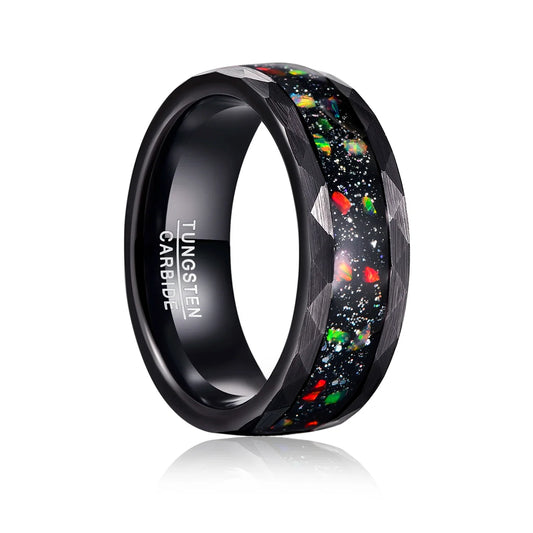 Black Tungsten men’s ring with fiery opal and crushed black sandstone inlay, hammered edges, 8mm width