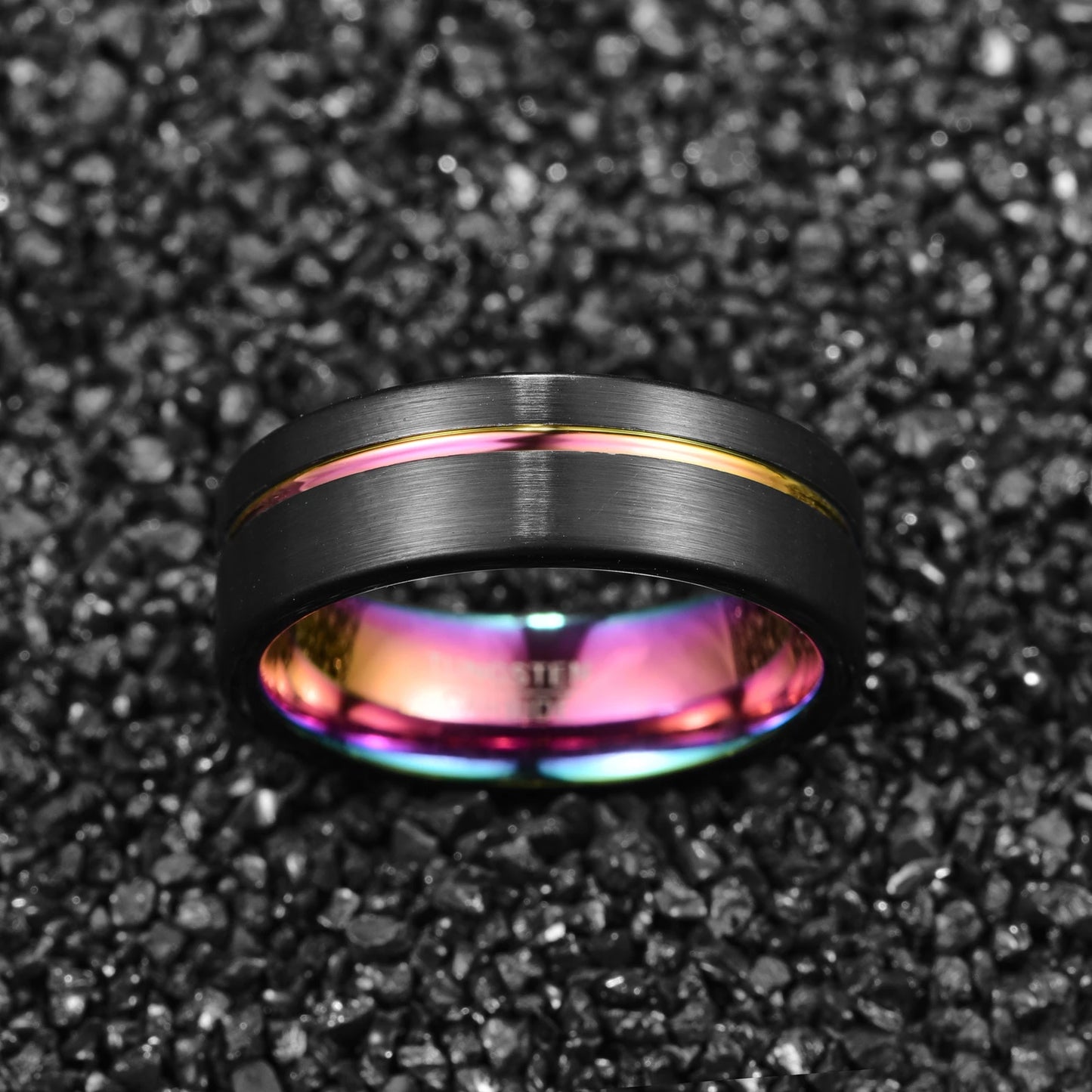 Black tungsten ring with rainbow interior and flat edge, 8mm width