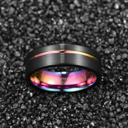 Black tungsten ring with rainbow interior and flat edge, 8mm width