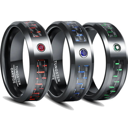 Set of black Tungsten rings with red, blue, and green carbon fiber inlays and flush-set colored cubic zirconia stones (8mm)