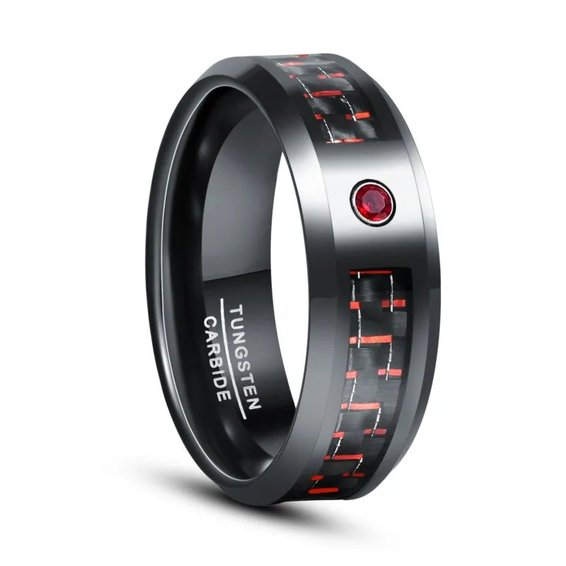 Black Tungsten ring with red carbon fiber inlay and red gemstone inset