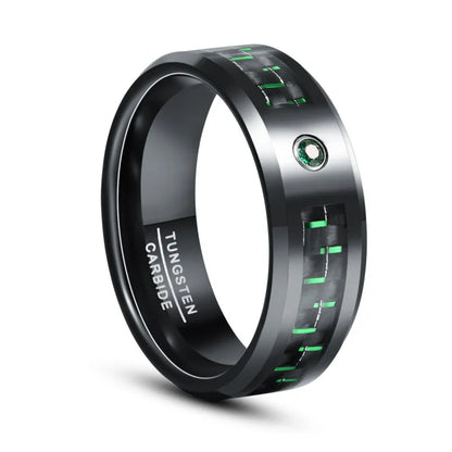 Black and green mens wedding ring, made from carbon fiber and Tungsten.