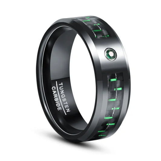 Black and green mens wedding ring, made from carbon fiber and Tungsten.