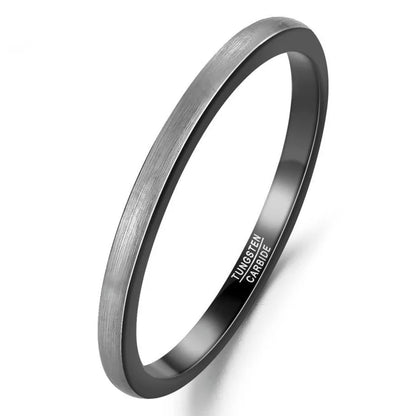 Black and silver wedding rings for her, with brushed and polished finishes.