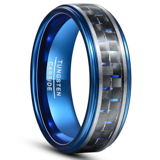 Blue Tungsten ring with carbon fiber inlay and blue accents