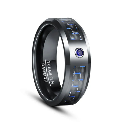 Blue carbon fiber inlay Tungsten men's ring with cubic zirconia stone and beveled edges, comfort fit.