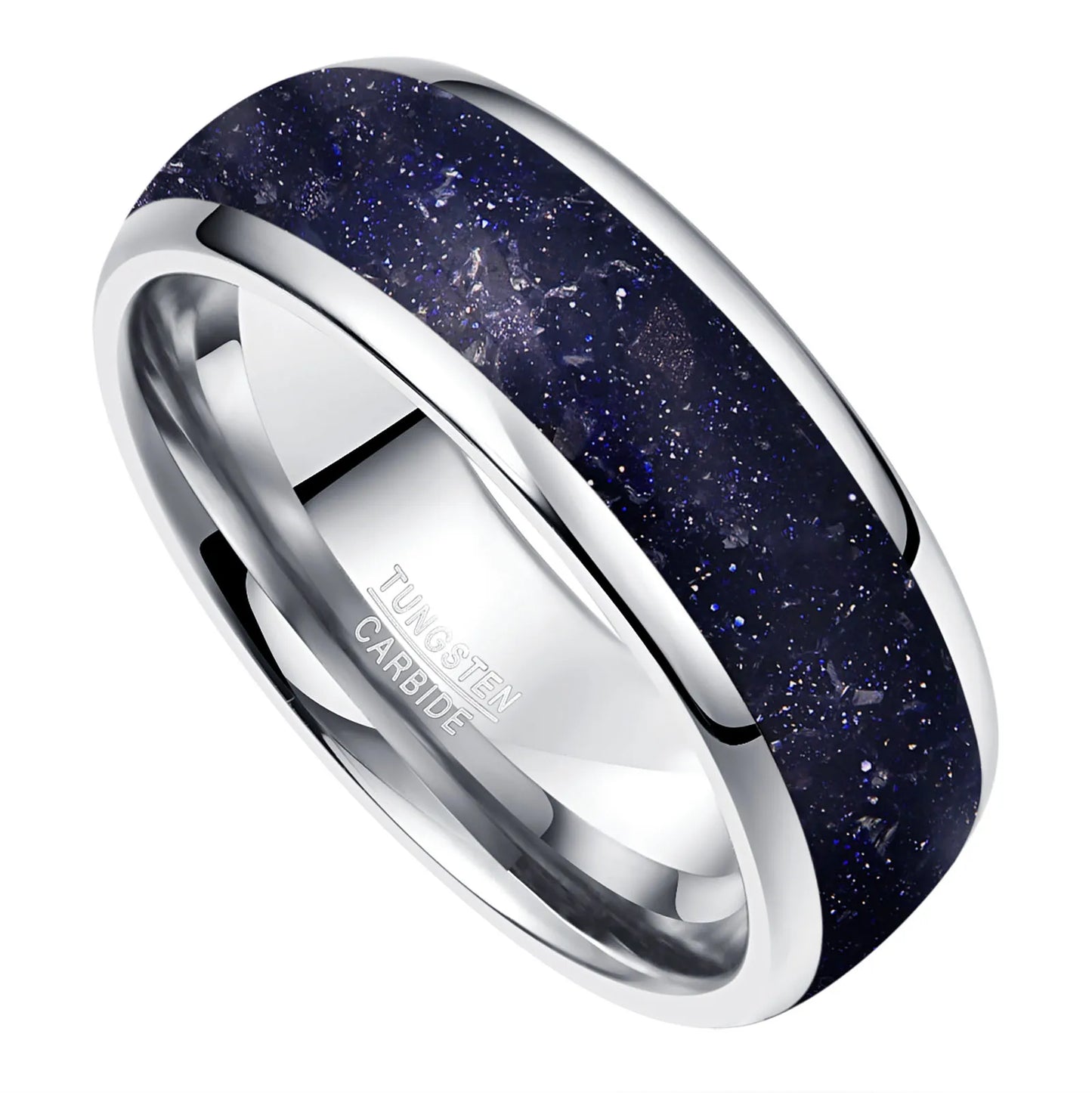 Men's 8mm silver tungsten ring with a domed design, featuring a sparkling crushed blue goldstone inlay reminiscent of the night sky.