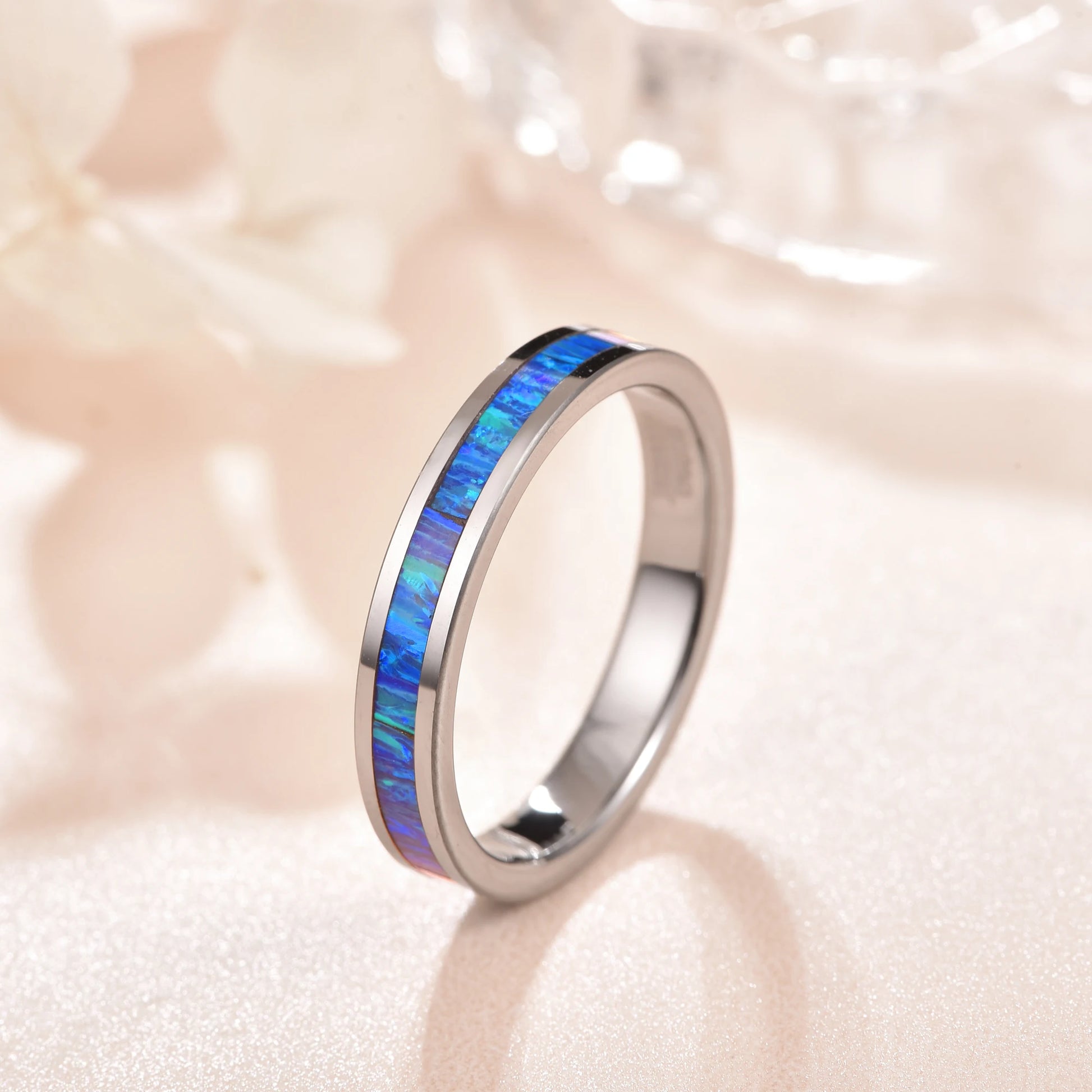 4mm blue opal inlay Tungsten women's wedding ring with a polished finish