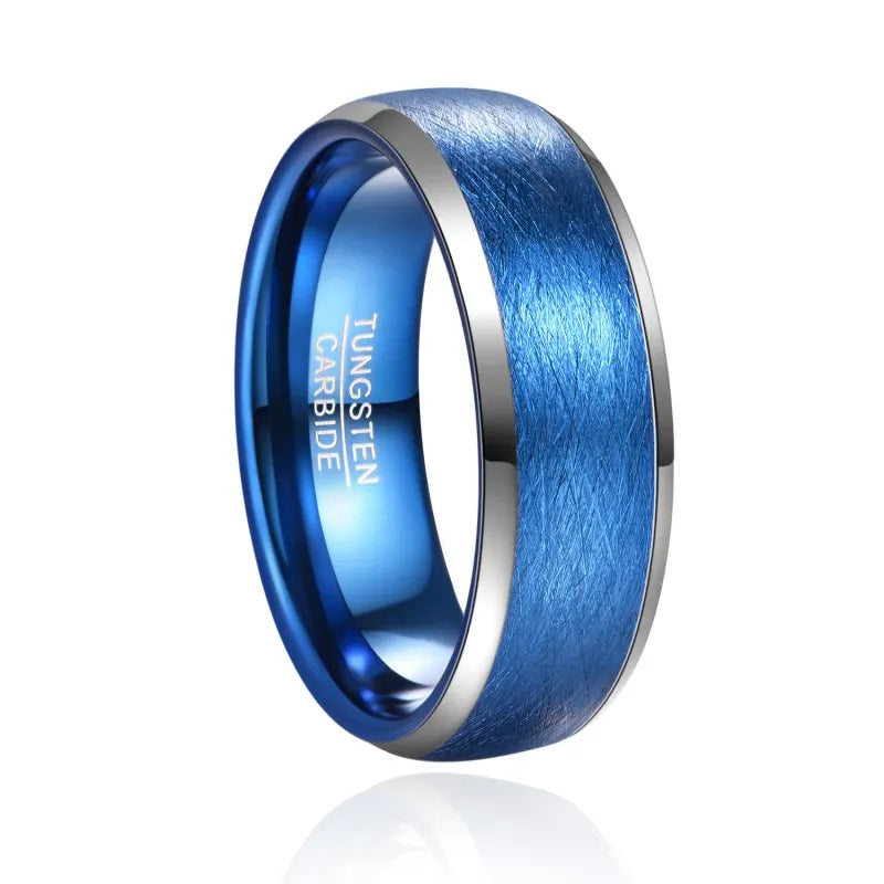 8mm blue tungsten ring with brushed finish and polished silver beveled edges, mens ring