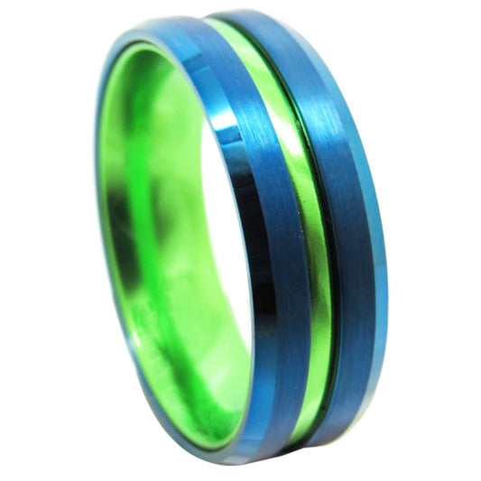 Blue wedding ring with polished lime green interior and stripe.