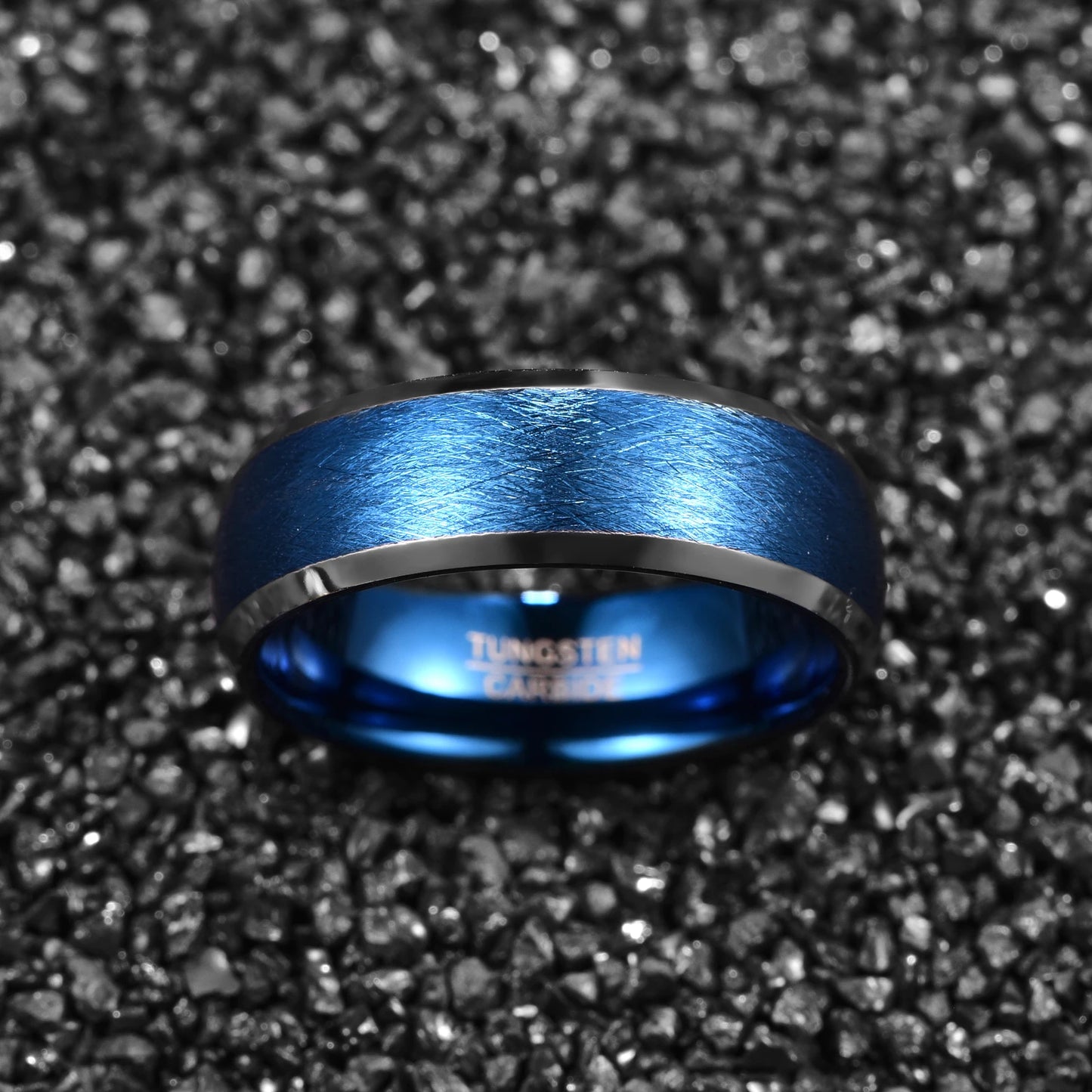 Blue Tungsten rings, featuring a brushed exterior that diffuses light.