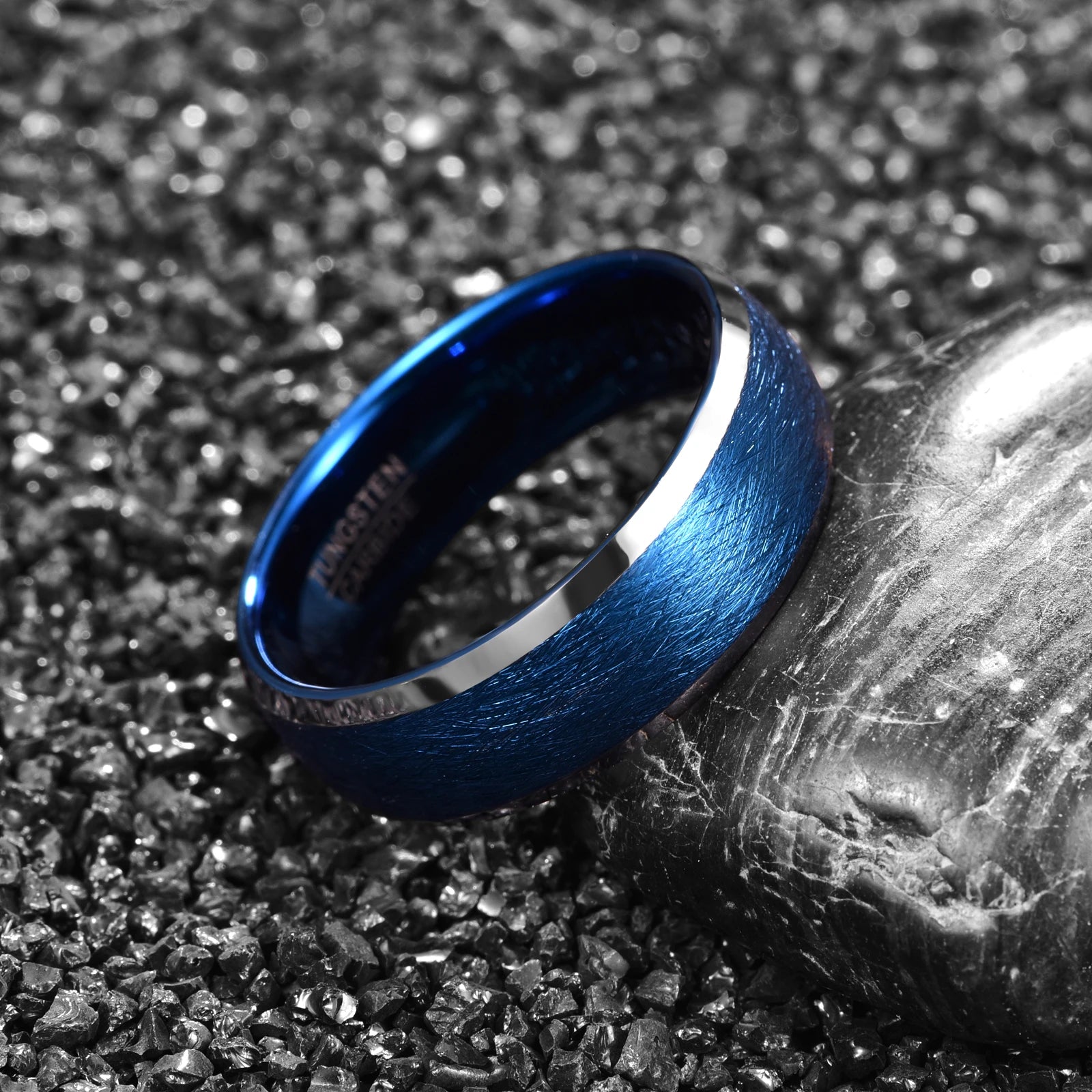 Blue mens wedding ring, with a domed profile, bevels, and comfort fit band.