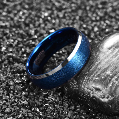 Blue mens wedding ring, with a domed profile, bevels, and comfort fit band.