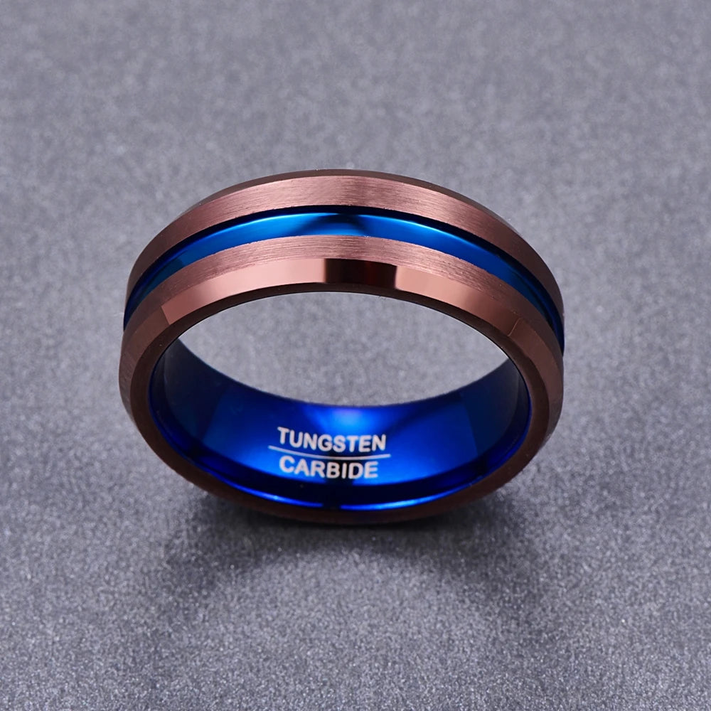 Bronze ring with brushed bronze Tungsten exterior and blue stripe.