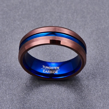 Bronze ring with brushed bronze Tungsten exterior and blue stripe.