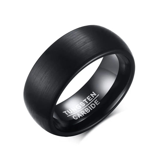 Durable 8mm black tungsten men's ring with a domed band, brushed exterior, and sleek polished interior, crafted for masculine strength and style.