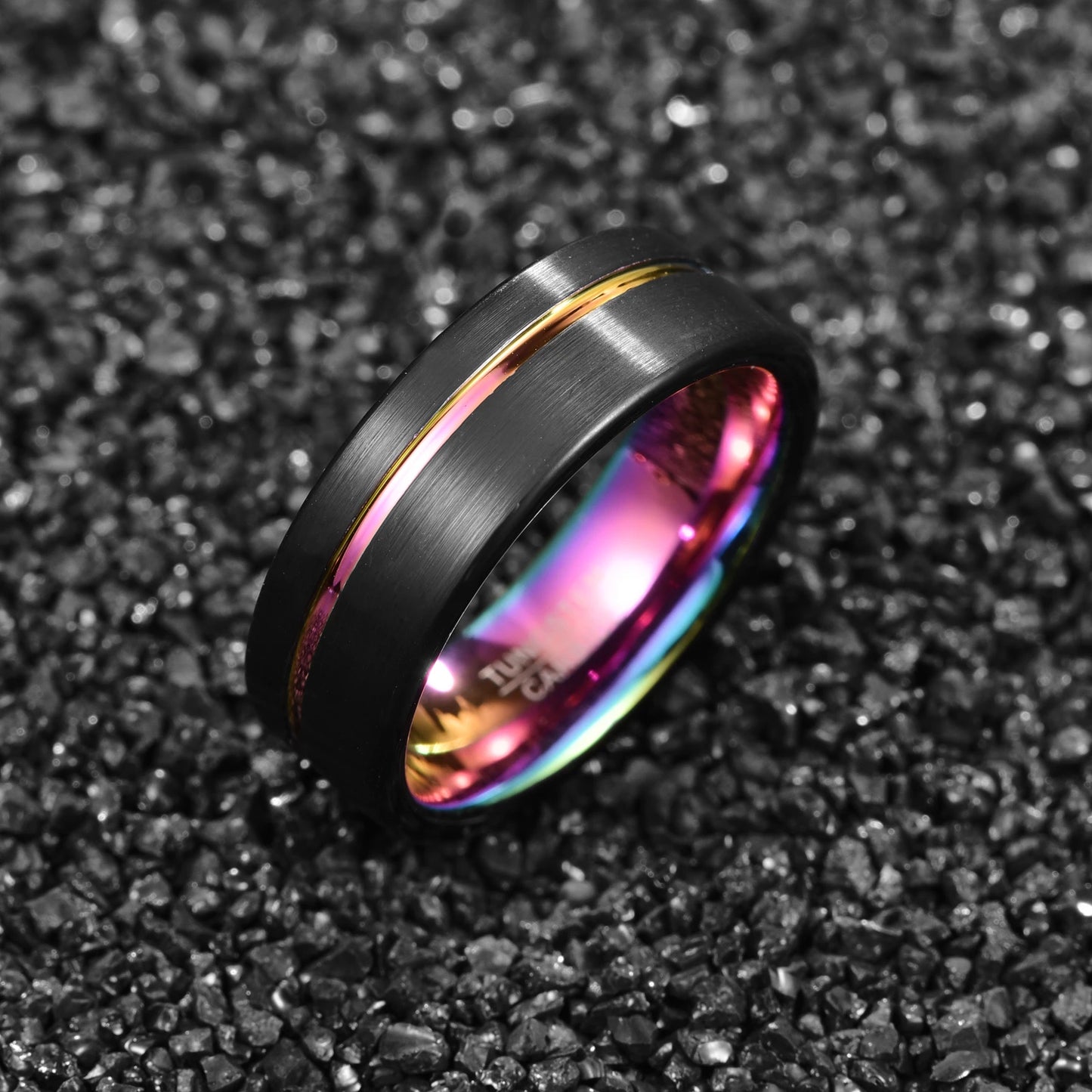 Brushed black tungsten ring with rainbow stripe and flat edge, 8mm width