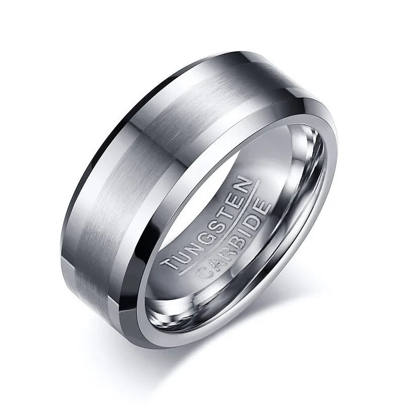 Brushed center and beveled edges tungsten men’s ring – 8mm, angle view