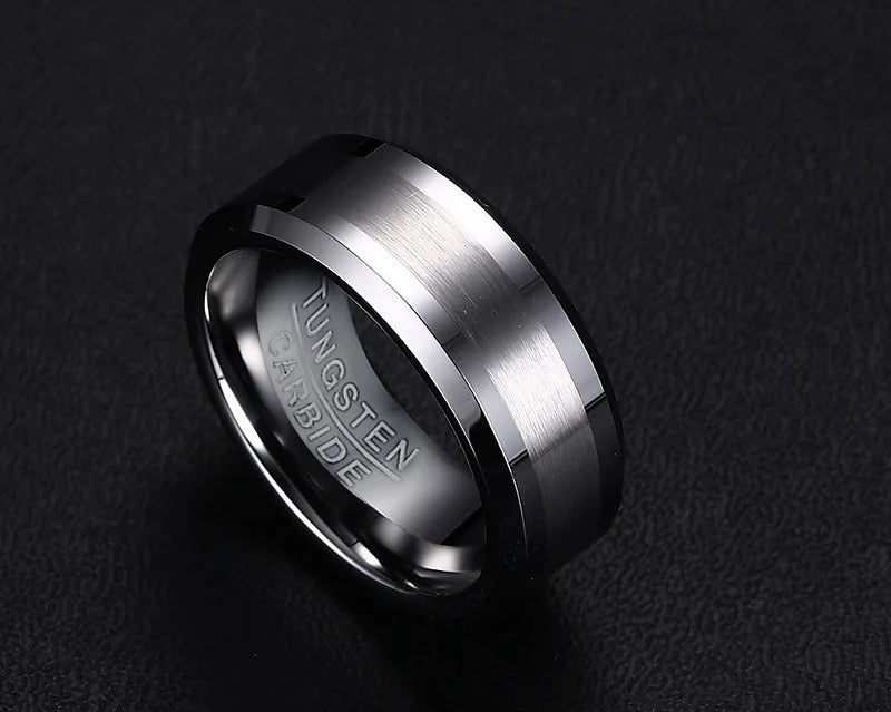 Brushed center and beveled edges tungsten men’s ring – 8mm, top view