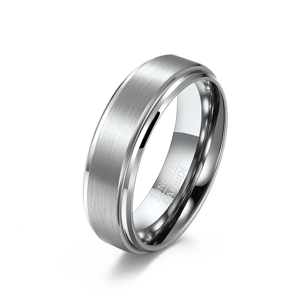 Brushed silver Tungsten men's wedding band with stepped edge, comfort fit, 6mm width