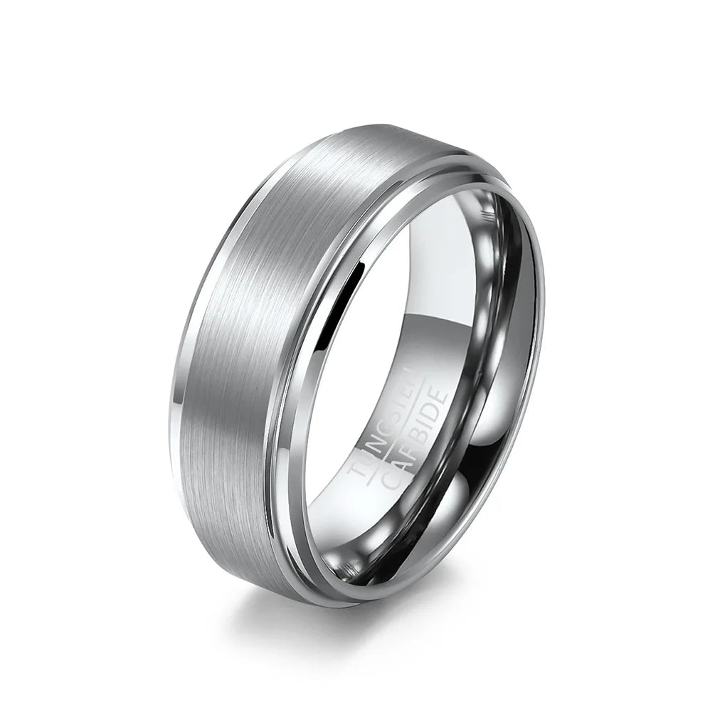 Brushed silver Tungsten men's ring with stepped edge, satin finish, comfort fit, 8mm wide