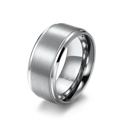 Brushed silver Tungsten men's wedding band with stepped edge, high durability, comfort fit, 10mm width