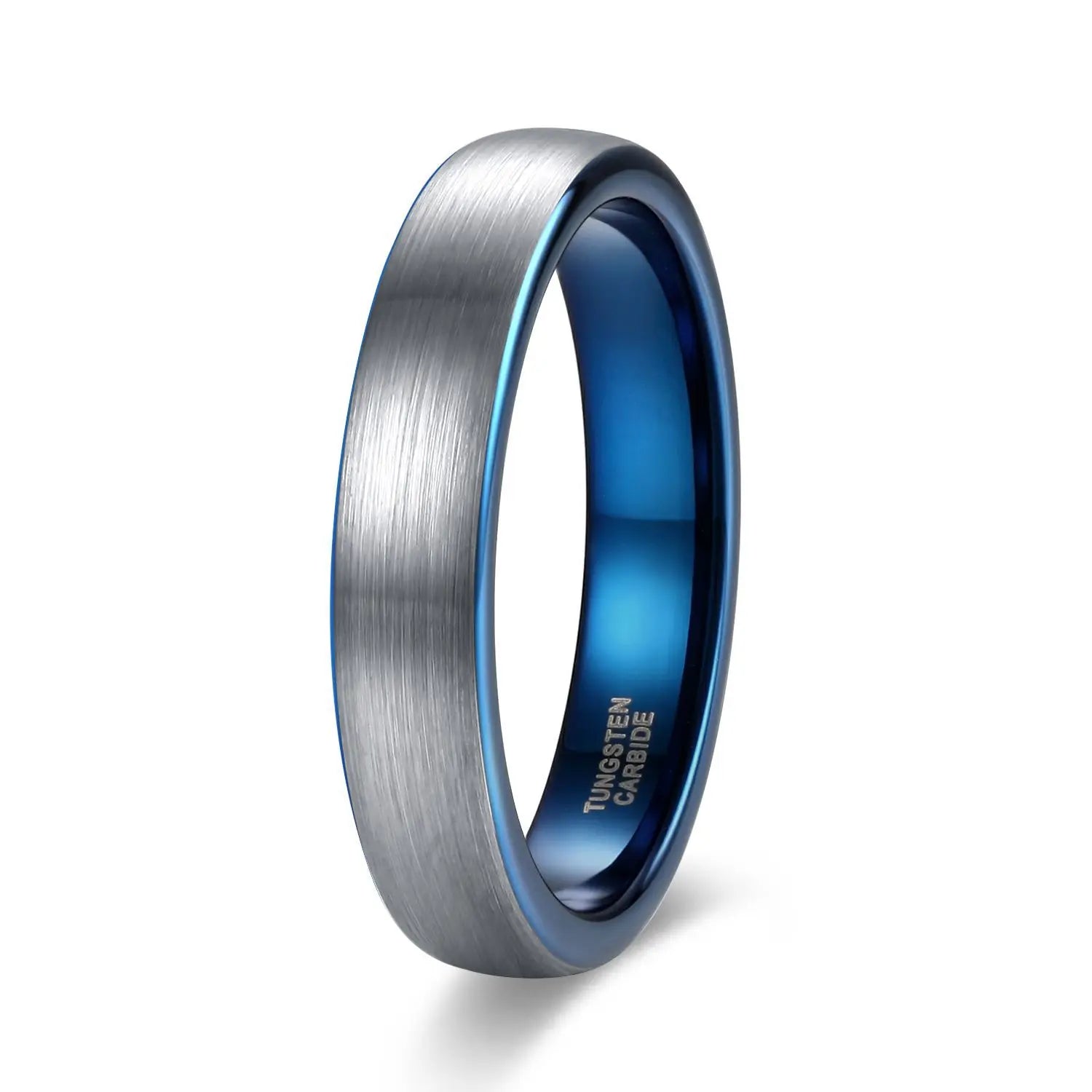 4mm brushed silver tungsten men’s ring with a polished blue interior and domed band, offering a refined, contemporary design.