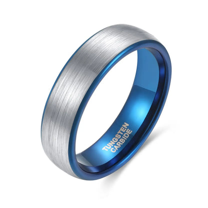 6mm brushed silver tungsten men’s ring featuring a polished blue interior and domed band for a sleek, modern look.