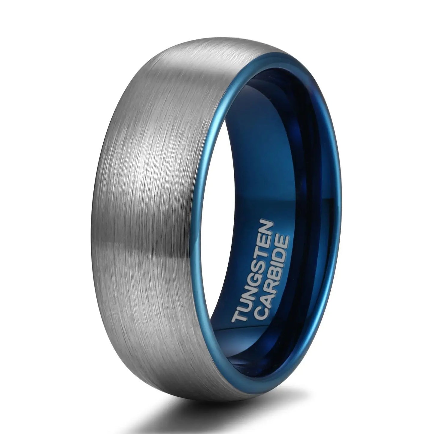 8mm men’s brushed silver tungsten ring with a polished blue interior and domed band, combining bold style and smooth comfort.